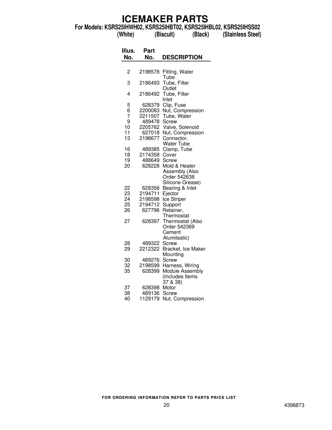 KitchenAid KSRS25IHSS02, KSRS25IHBL02, KSRS25IHBT02, KSRS25IHWH02 manual Illus Part No. Description 