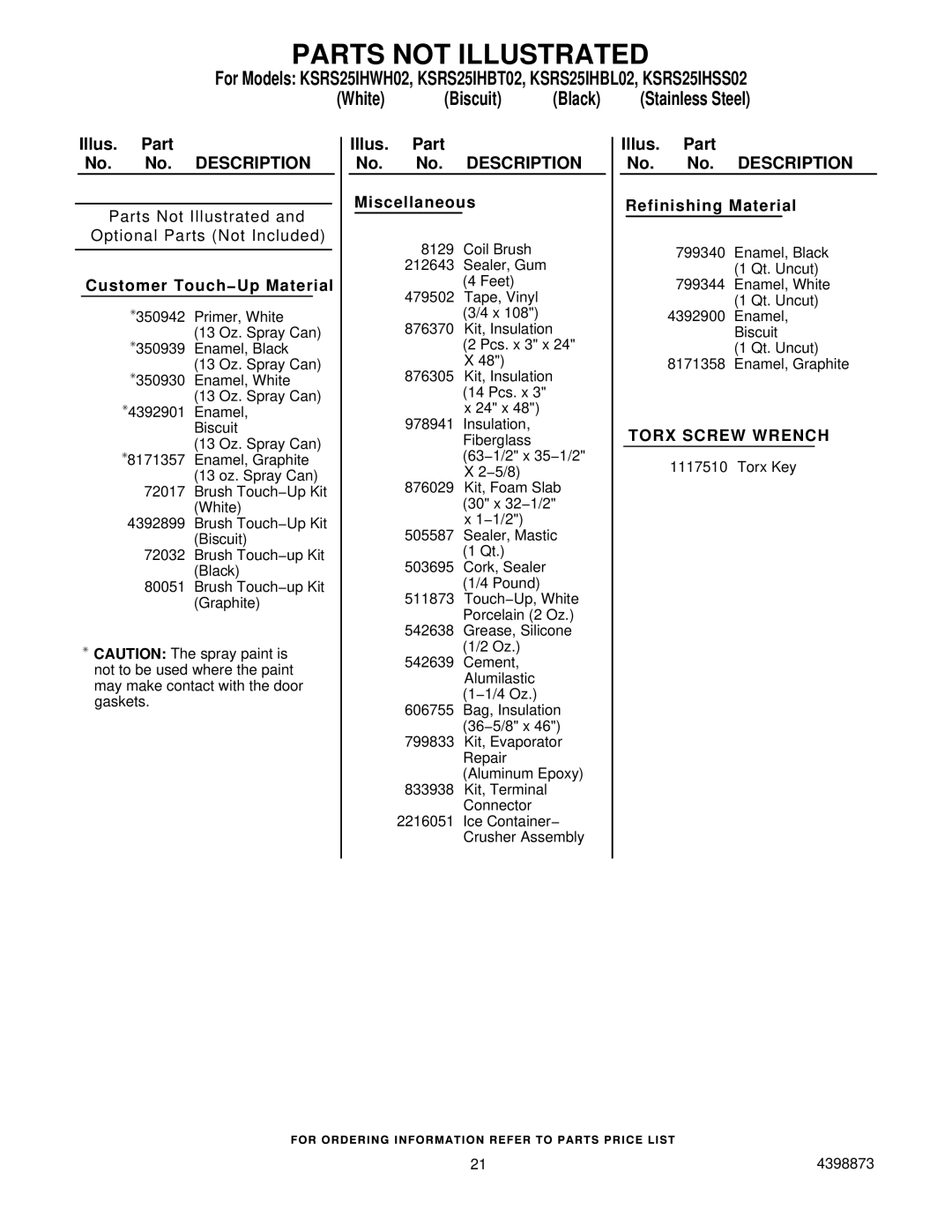 KitchenAid KSRS25IHBL02, KSRS25IHSS02, KSRS25IHBT02, KSRS25IHWH02 manual Parts not Illustrated, Customer Touch−Up Material 