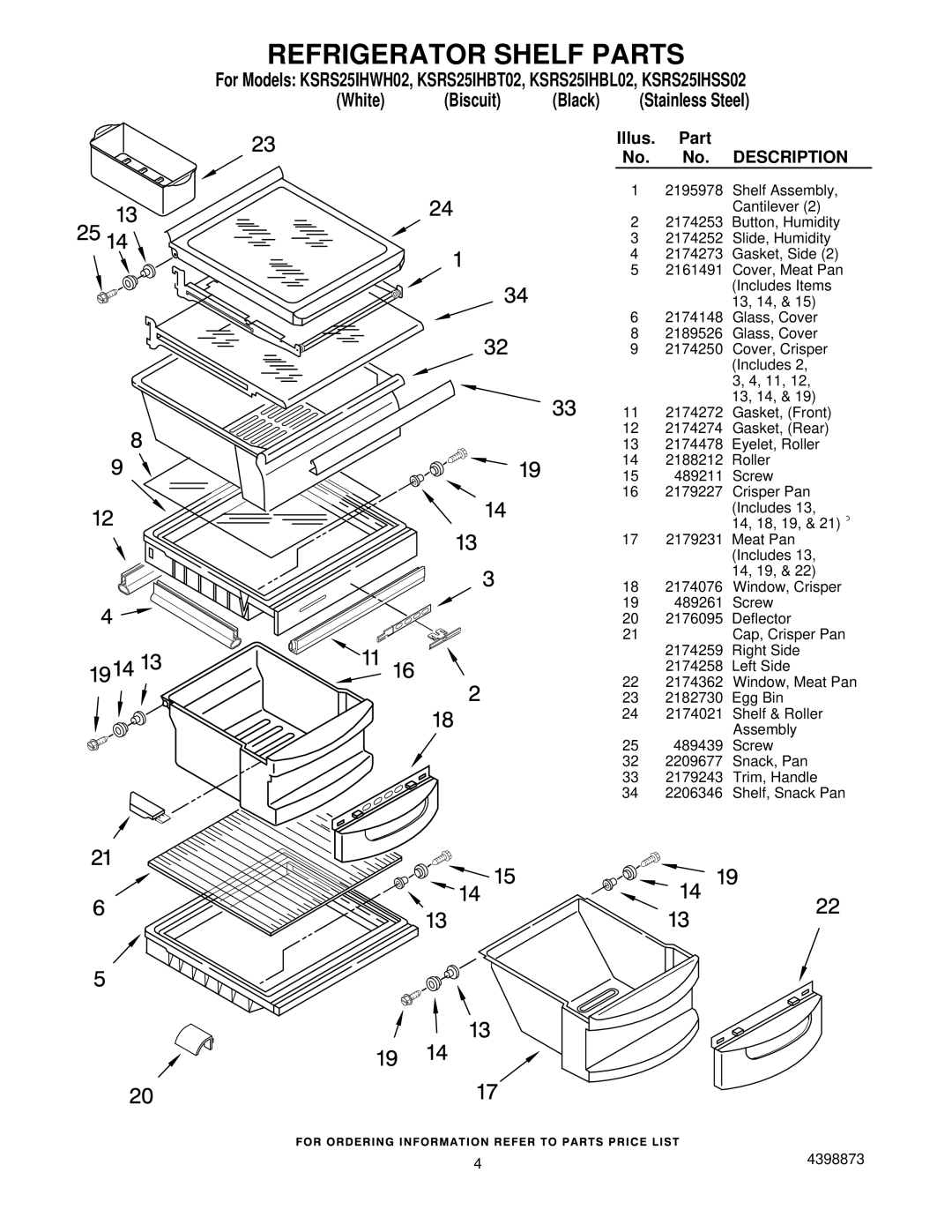 KitchenAid KSRS25IHSS02, KSRS25IHBL02, KSRS25IHBT02, KSRS25IHWH02 manual Refrigerator Shelf Parts, Black 