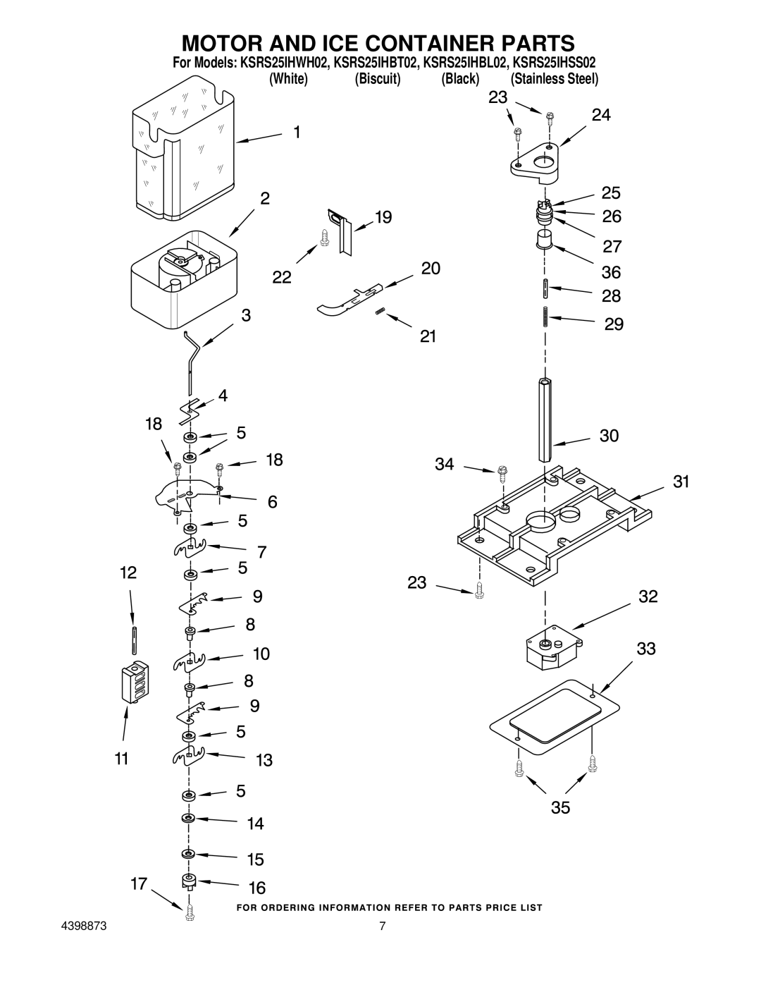 KitchenAid KSRS25IHWH02, KSRS25IHSS02, KSRS25IHBL02, KSRS25IHBT02 manual Motor and ICE Container Parts 