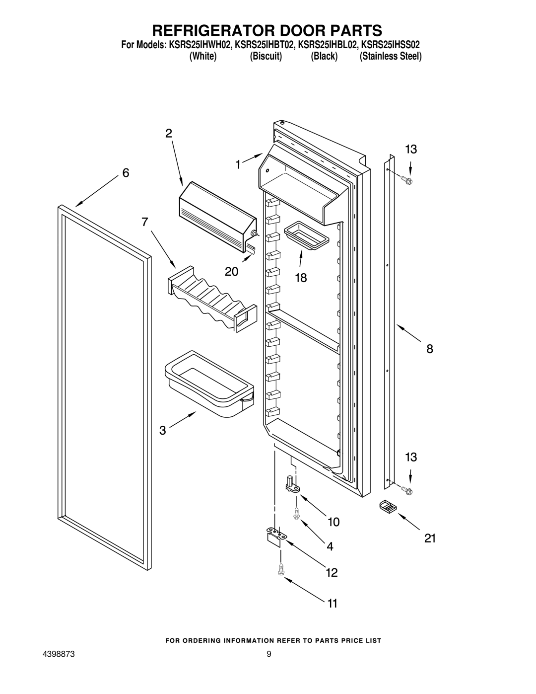 KitchenAid KSRS25IHBL02, KSRS25IHSS02, KSRS25IHBT02, KSRS25IHWH02 manual Refrigerator Door Parts 