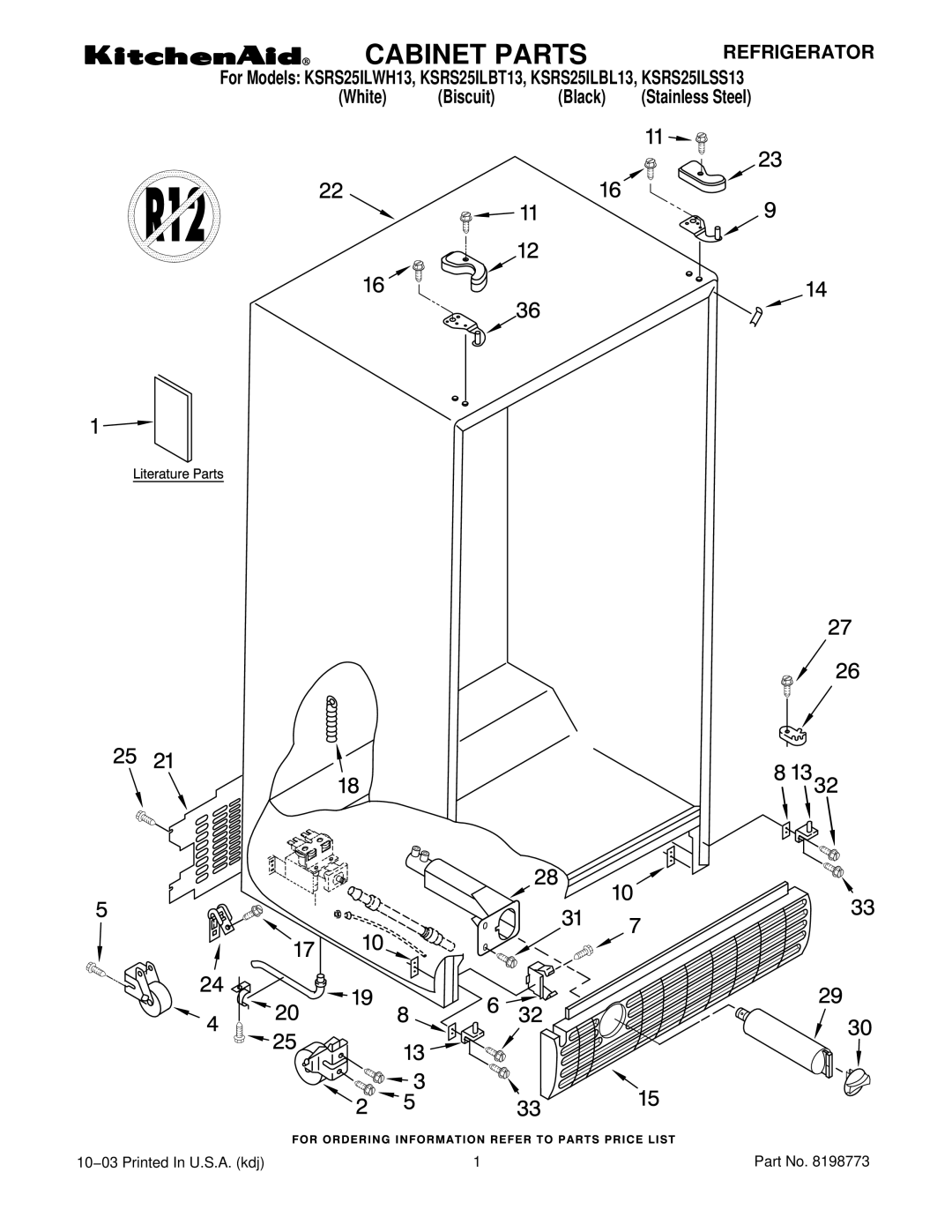 KitchenAid ksrs25ilss13, KSRS25ILBL13, KSRS25ILBT13, KSRS25ILWH13 manual Cabinet Parts, Refrigerator 