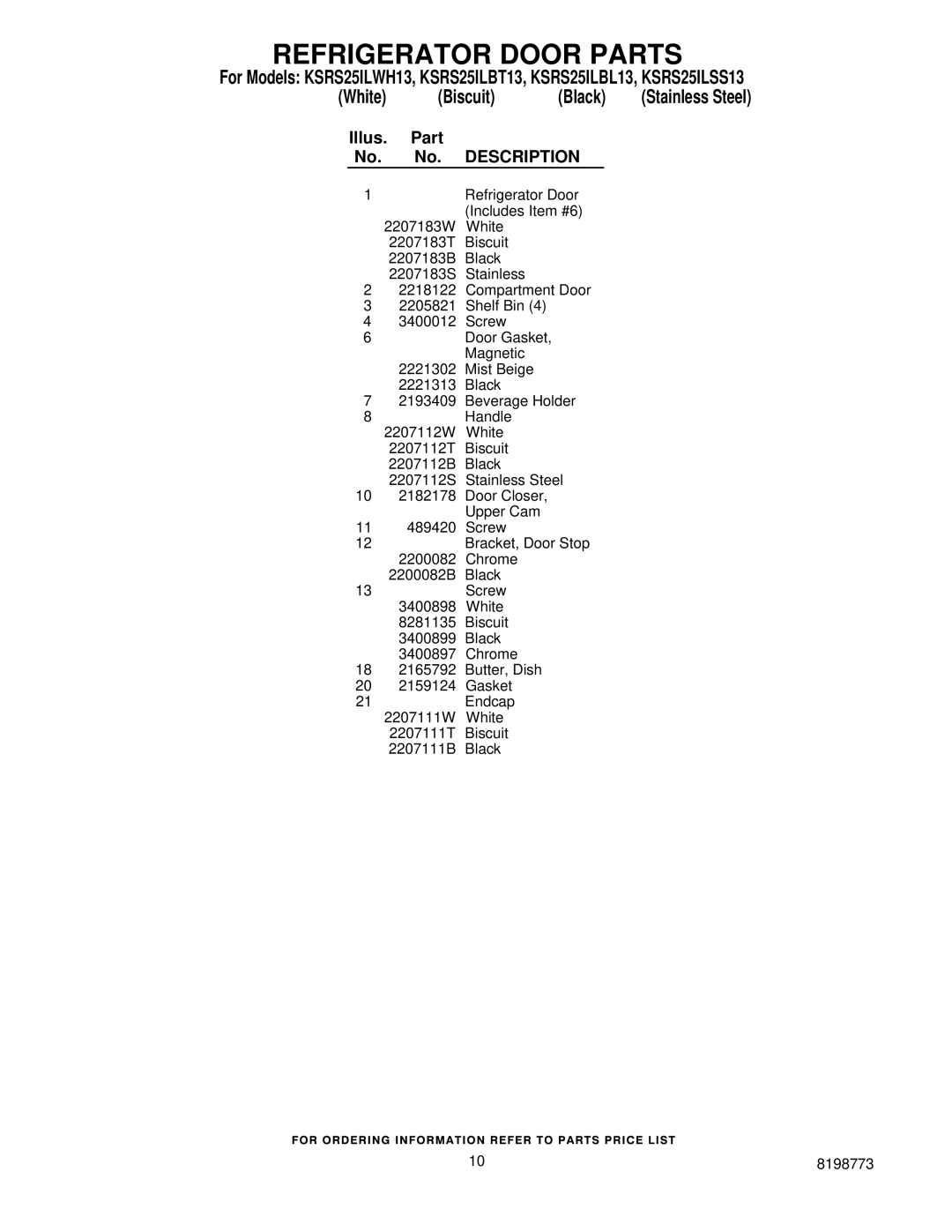 KitchenAid KSRS25ILBT13, KSRS25ILBL13, ksrs25ilss13, KSRS25ILWH13 manual Illus Part No. Description 