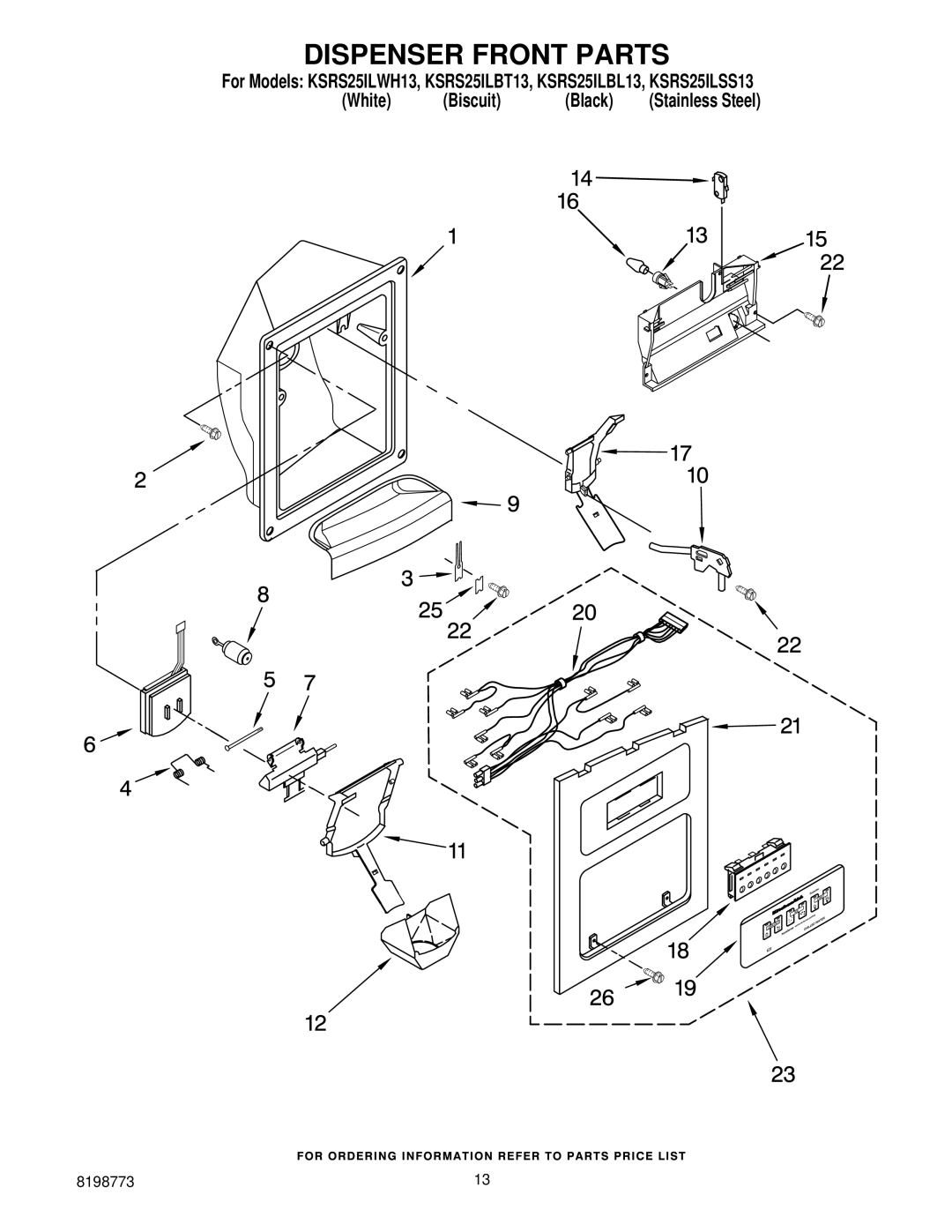 KitchenAid ksrs25ilss13, KSRS25ILBL13, KSRS25ILBT13, KSRS25ILWH13 manual Dispenser Front Parts 