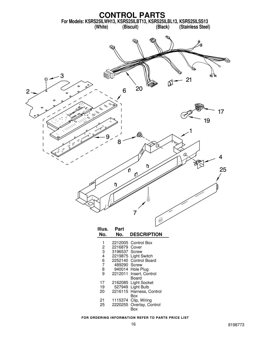 KitchenAid KSRS25ILBL13, ksrs25ilss13, KSRS25ILBT13, KSRS25ILWH13 manual Control Parts 