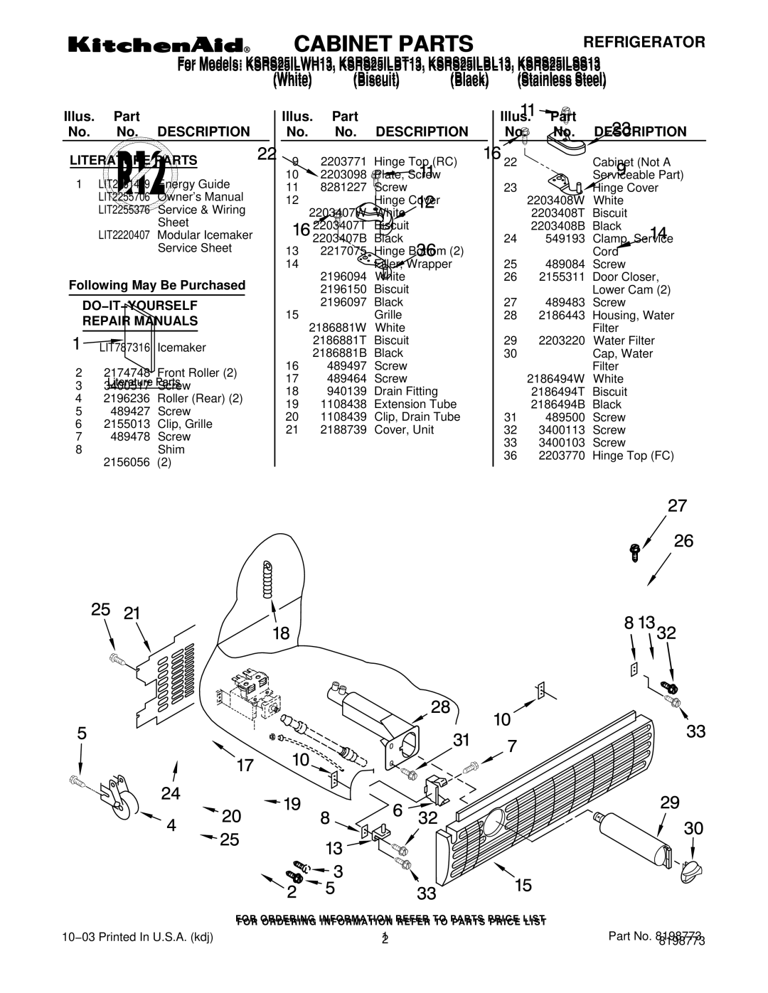 KitchenAid KSRS25ILBT13, KSRS25ILBL13, ksrs25ilss13, KSRS25ILWH13 manual Literature Parts 