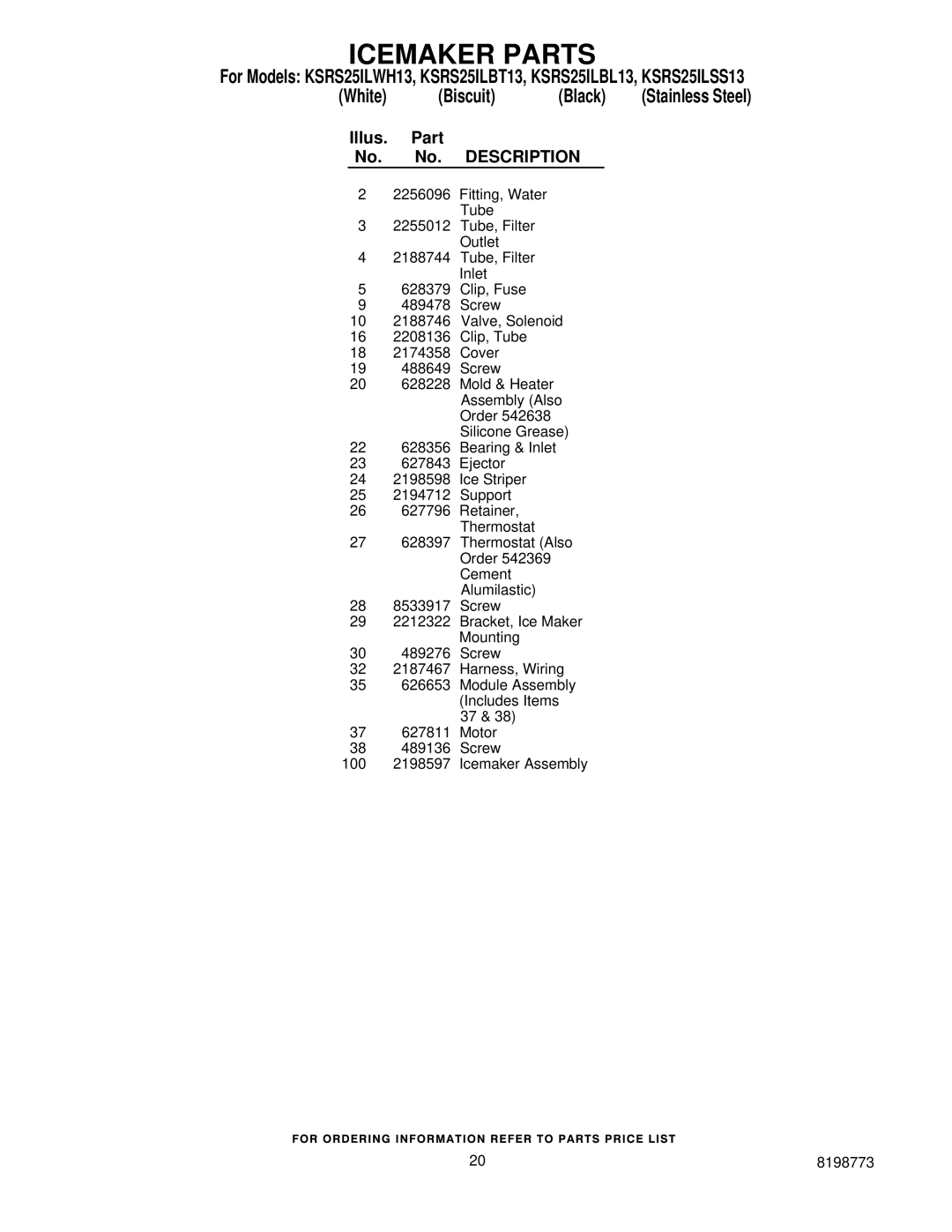 KitchenAid KSRS25ILBL13, ksrs25ilss13, KSRS25ILBT13, KSRS25ILWH13 manual Illus Part No. Description 