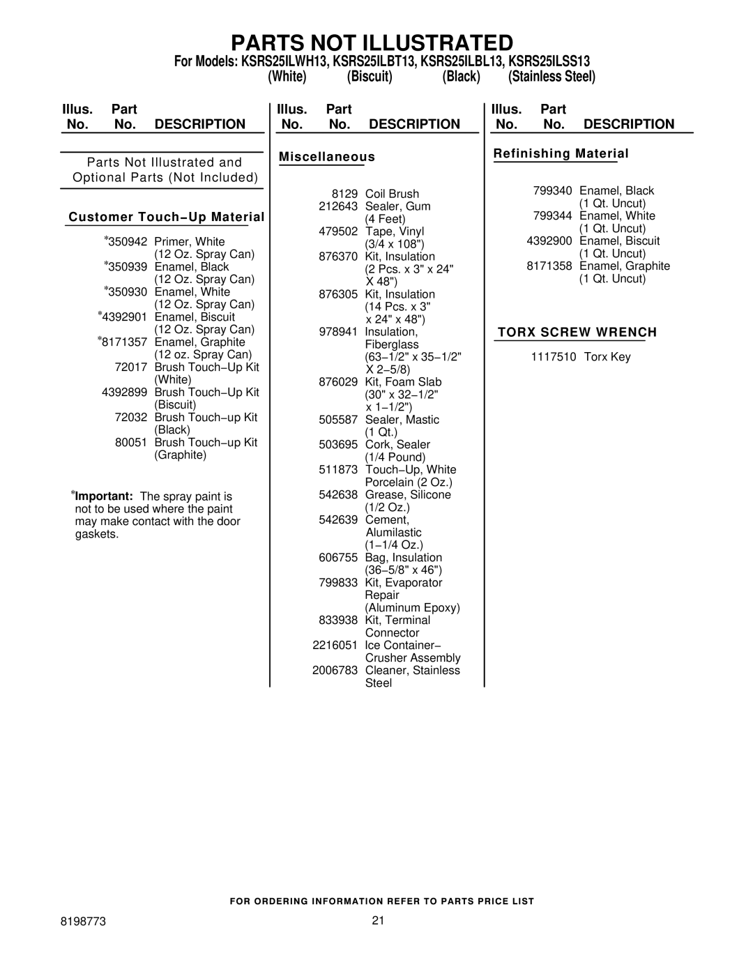 KitchenAid ksrs25ilss13, KSRS25ILBL13, KSRS25ILBT13, KSRS25ILWH13 manual Parts not Illustrated, Customer Touch−Up Material 