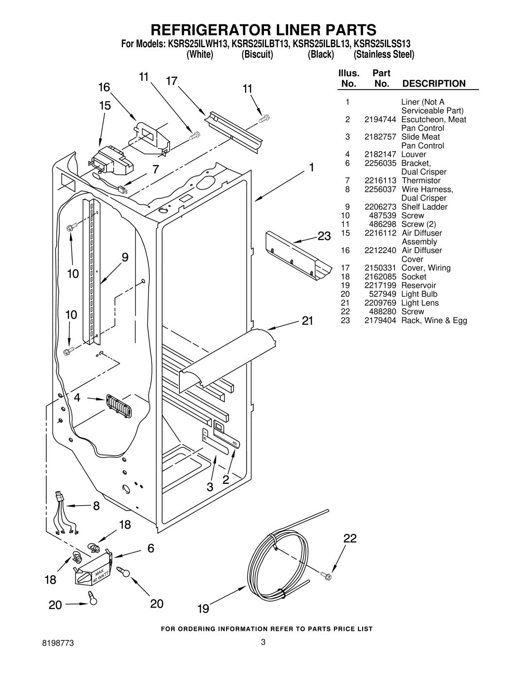 KitchenAid KSRS25ILWH13, KSRS25ILBL13, ksrs25ilss13, KSRS25ILBT13 manual Refrigerator Liner Parts, Description 