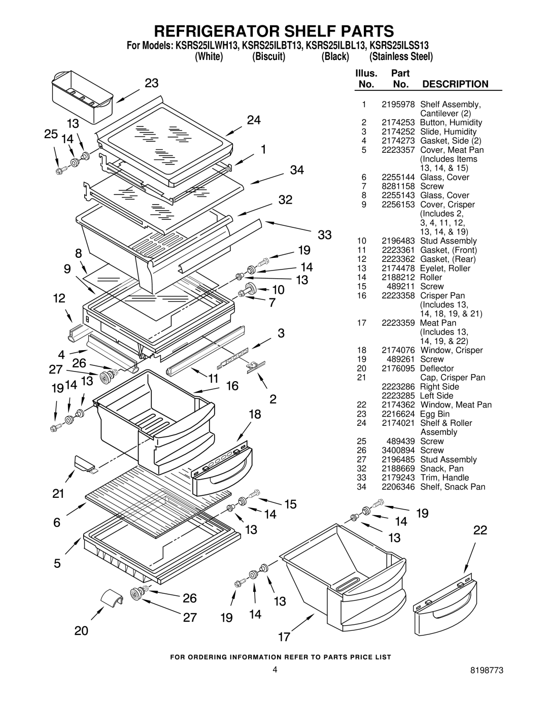 KitchenAid KSRS25ILBL13, ksrs25ilss13, KSRS25ILBT13, KSRS25ILWH13 manual Refrigerator Shelf Parts 