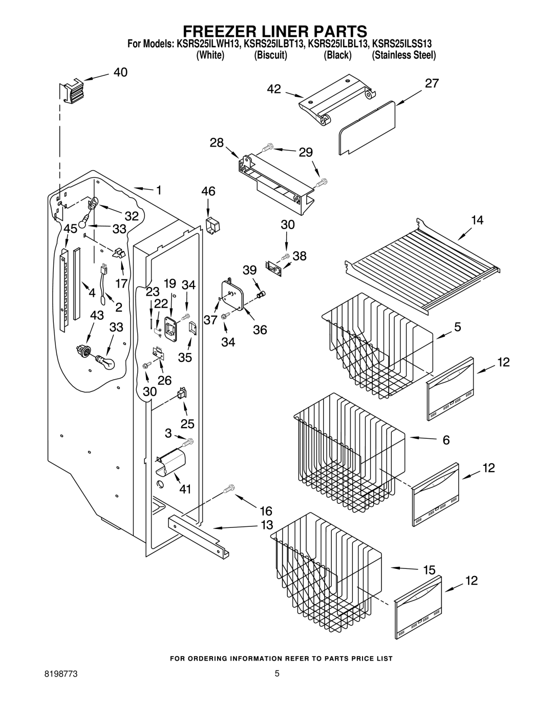 KitchenAid ksrs25ilss13, KSRS25ILBL13, KSRS25ILBT13, KSRS25ILWH13 manual Freezer Liner Parts 