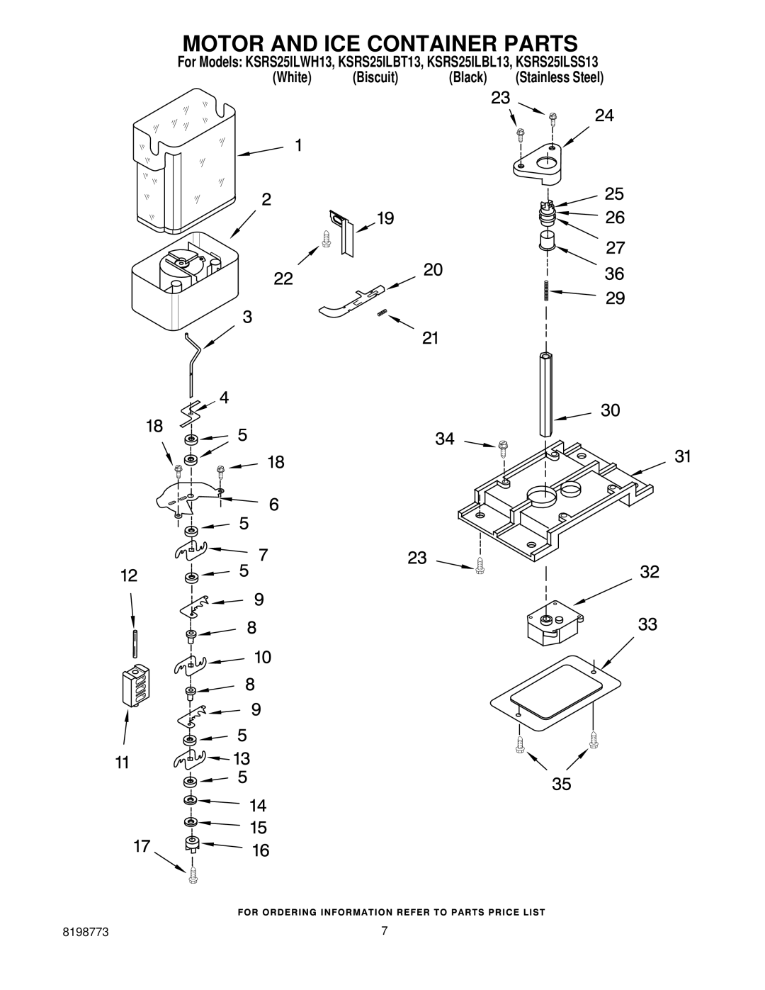 KitchenAid KSRS25ILWH13, KSRS25ILBL13, ksrs25ilss13, KSRS25ILBT13 manual Motor and ICE Container Parts 