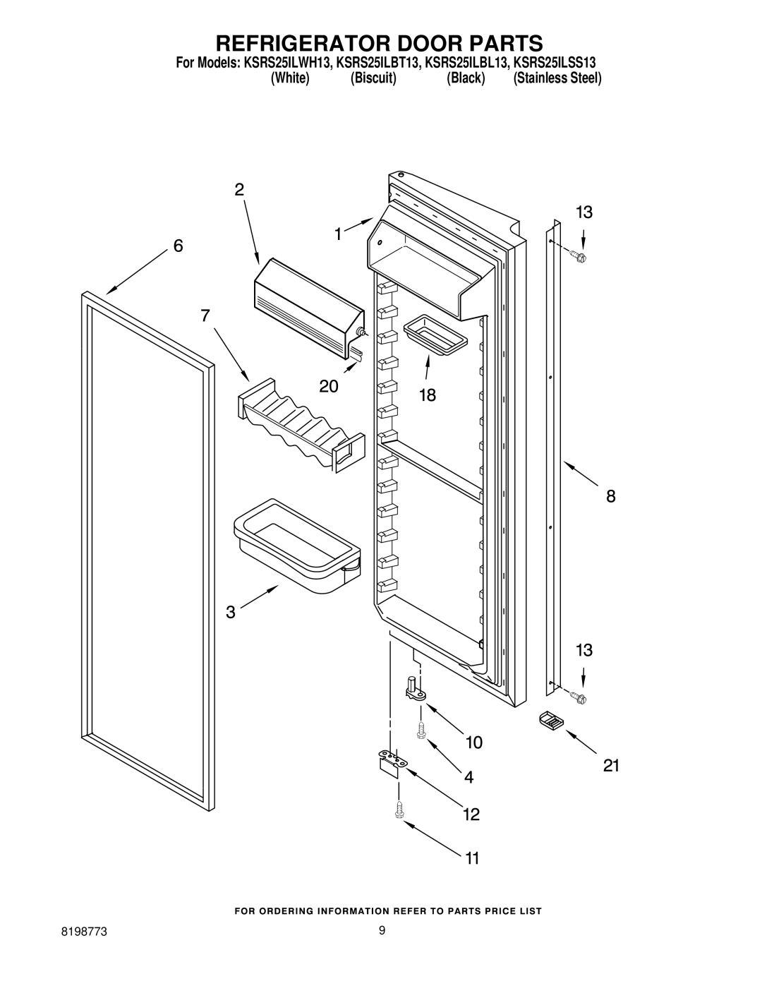 KitchenAid ksrs25ilss13, KSRS25ILBL13, KSRS25ILBT13, KSRS25ILWH13 manual Refrigerator Door Parts 