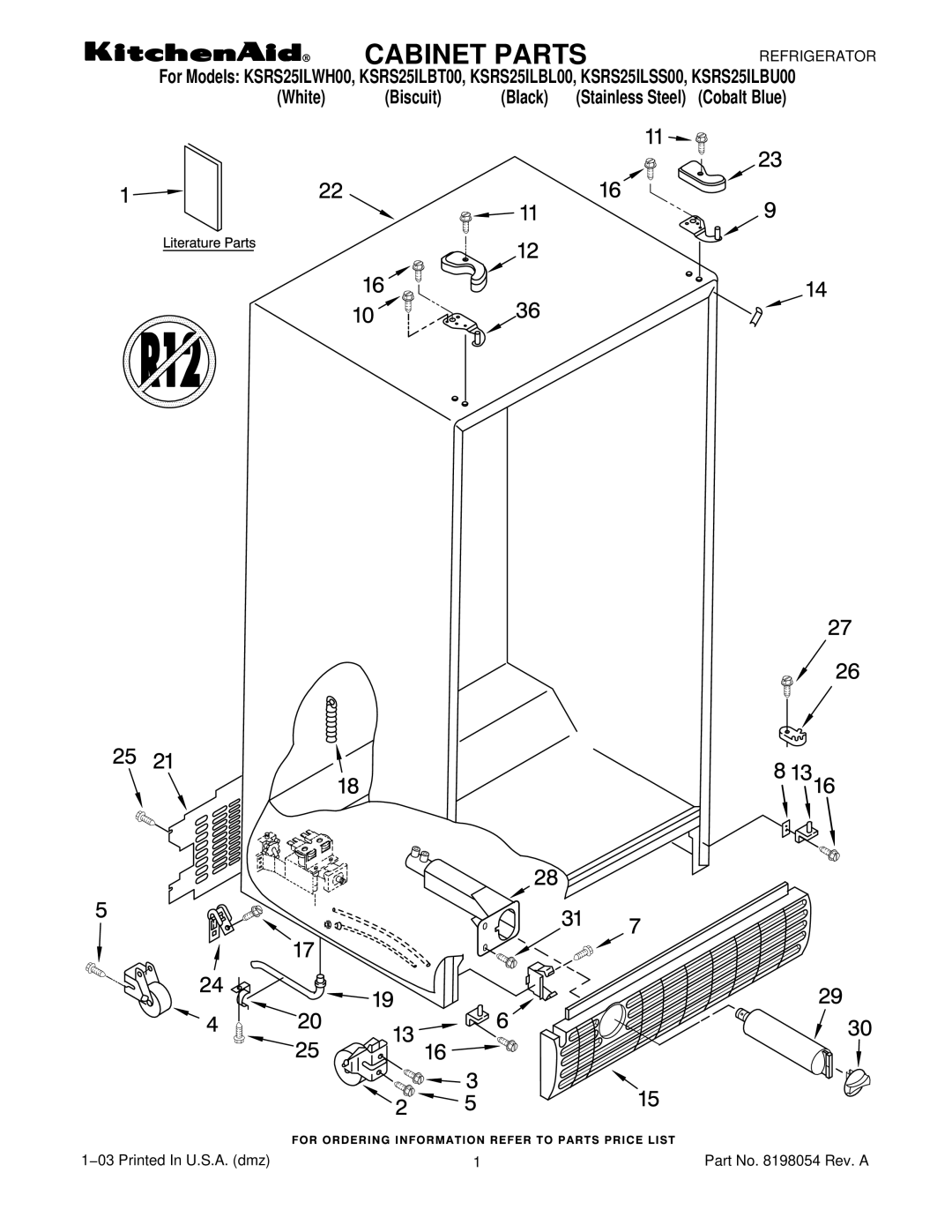 KitchenAid KSRS25ILWH00, KSRS25ILBT00, KSRS25ILBU00, KSRS25ILBL00, KSRS25ILSS00 manual Cabinet Parts 