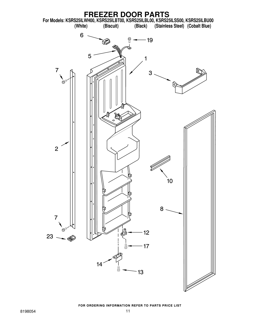 KitchenAid KSRS25ILWH00, KSRS25ILBT00, KSRS25ILBU00, KSRS25ILBL00, KSRS25ILSS00 manual Freezer Door Parts 