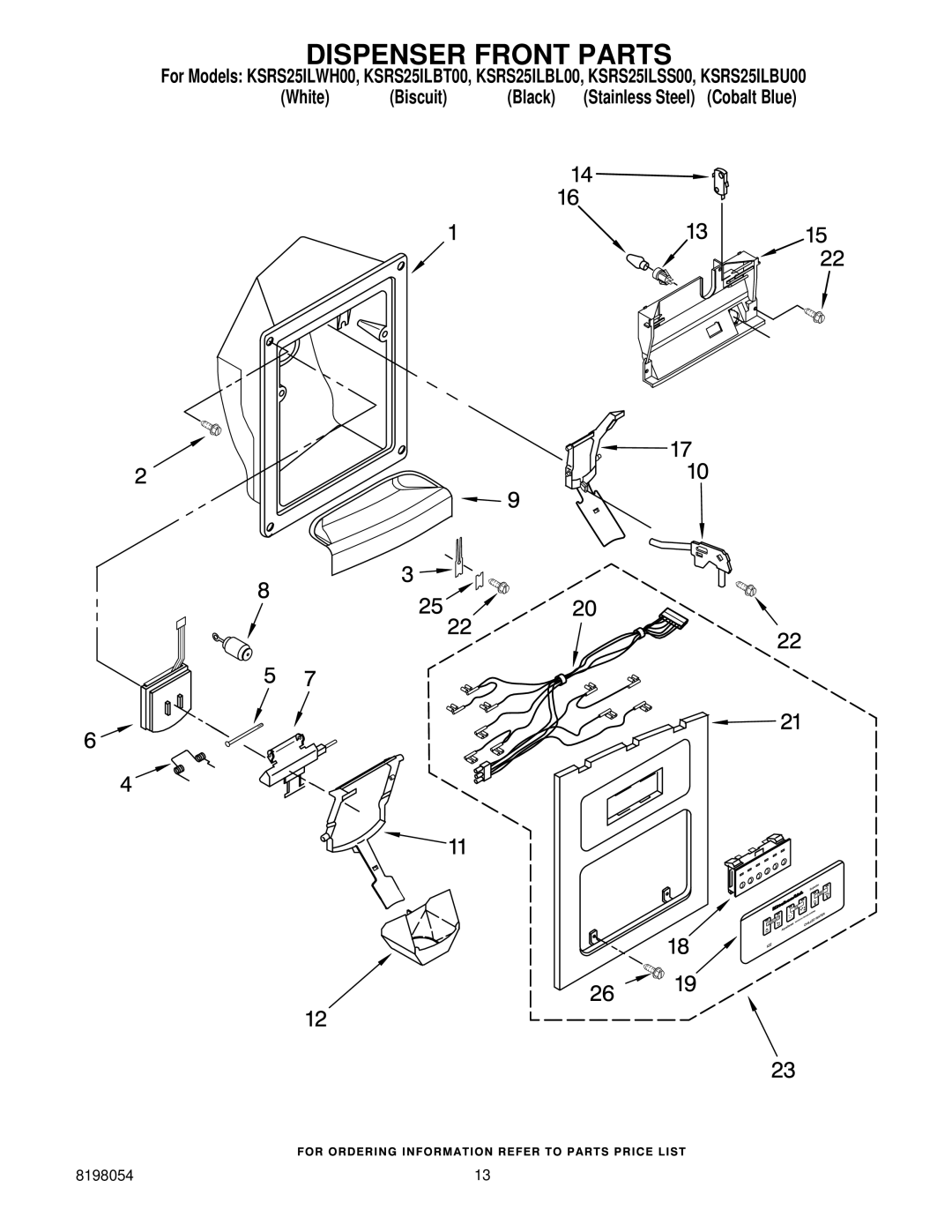 KitchenAid KSRS25ILBL00, KSRS25ILBT00, KSRS25ILWH00, KSRS25ILBU00, KSRS25ILSS00 manual Dispenser Front Parts 