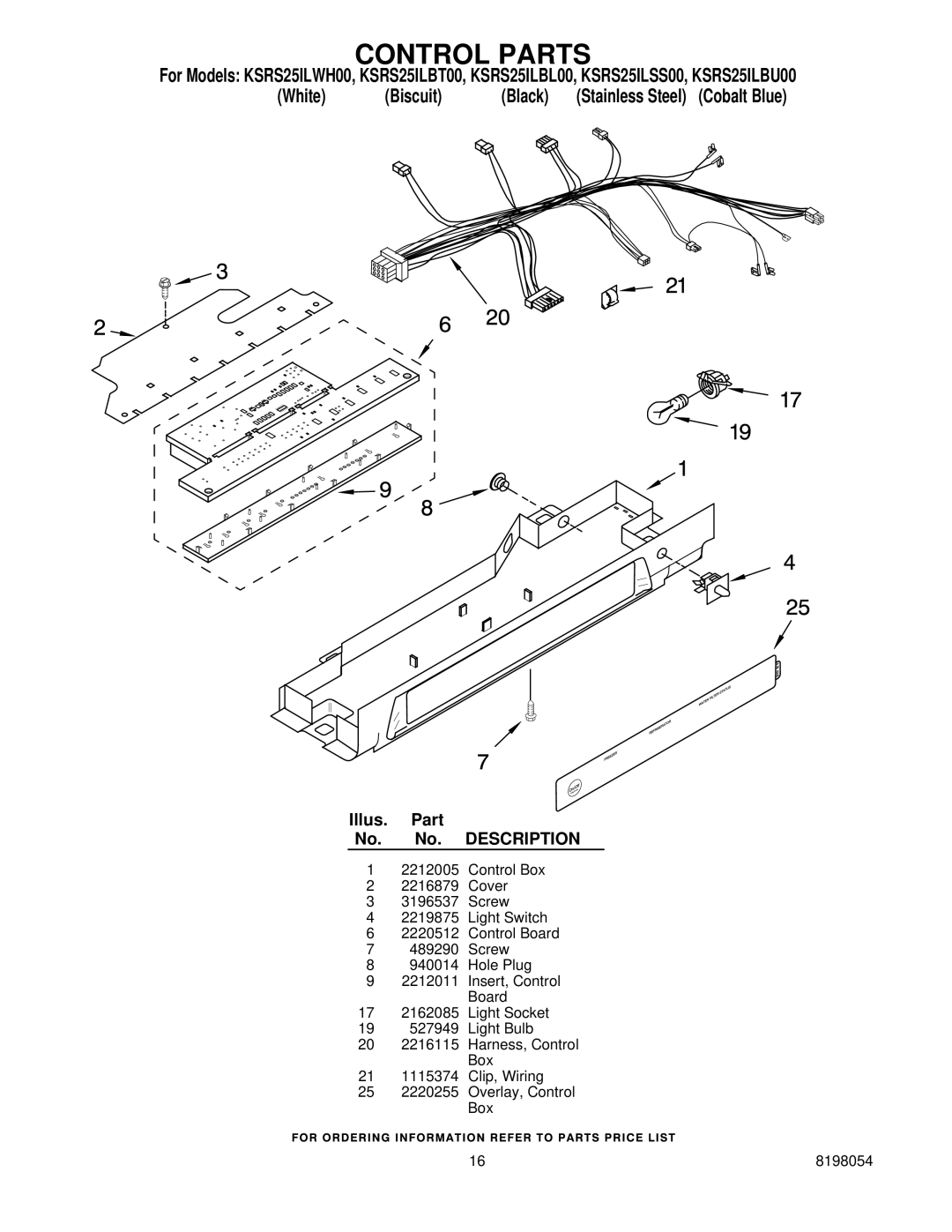 KitchenAid KSRS25ILWH00, KSRS25ILBT00, KSRS25ILBU00, KSRS25ILBL00, KSRS25ILSS00 manual Control Parts 