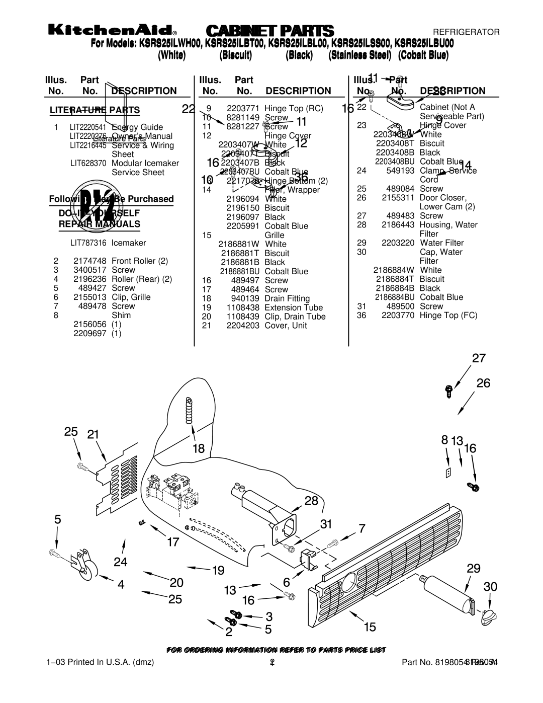 KitchenAid KSRS25ILBU00, KSRS25ILBT00, KSRS25ILWH00, KSRS25ILBL00, KSRS25ILSS00 manual Literature Parts 