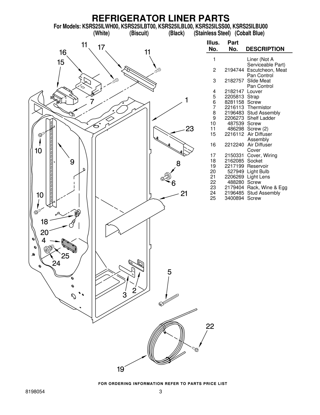 KitchenAid KSRS25ILBL00, KSRS25ILBT00 manual Refrigerator Liner Parts, White Biscuit Black Stainless Steel Cobalt Blue 