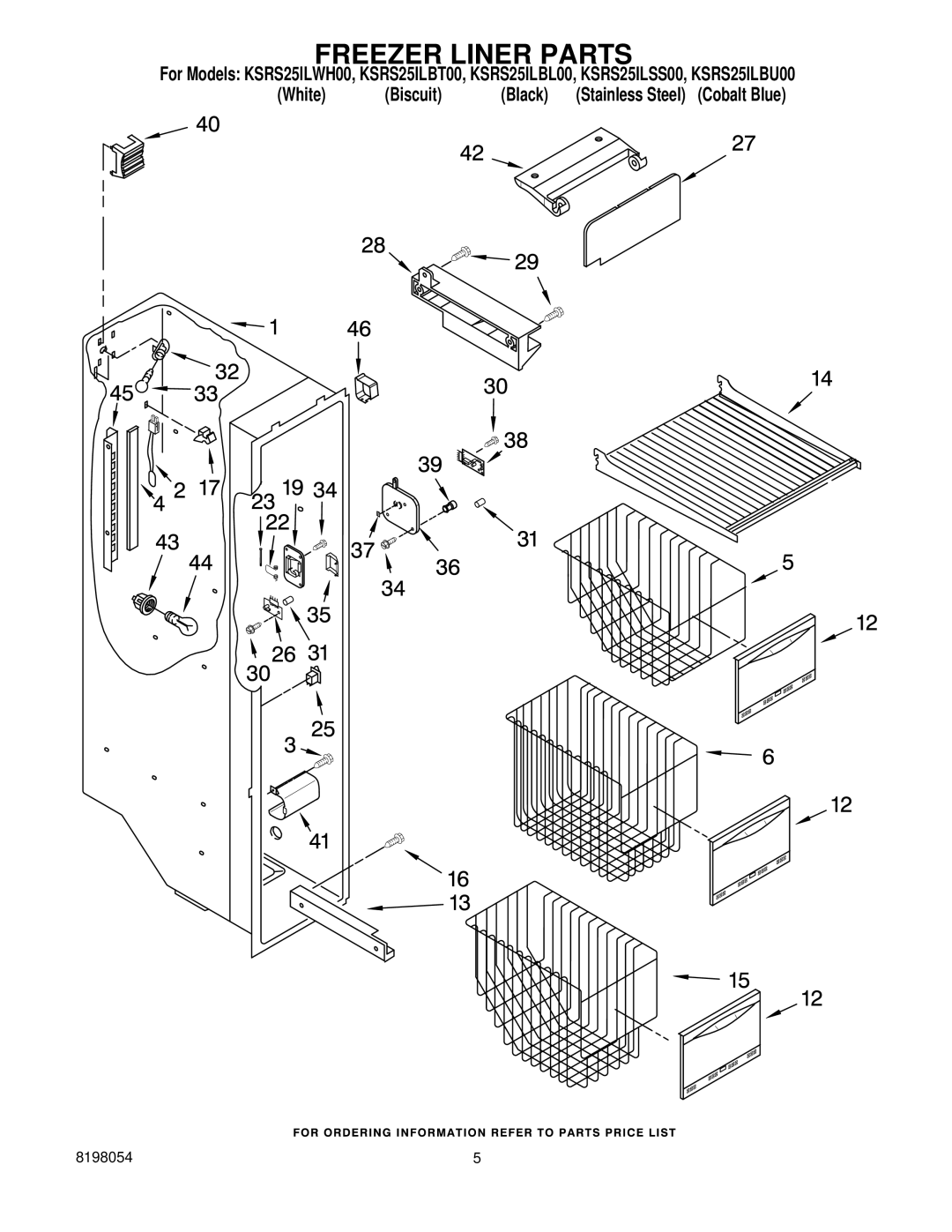 KitchenAid KSRS25ILBT00, KSRS25ILWH00, KSRS25ILBU00, KSRS25ILBL00, KSRS25ILSS00 manual Freezer Liner Parts 