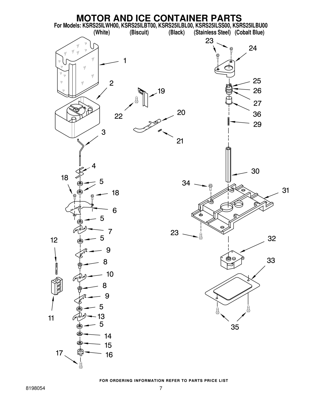 KitchenAid KSRS25ILBU00, KSRS25ILBT00, KSRS25ILWH00, KSRS25ILBL00, KSRS25ILSS00 manual Motor and ICE Container Parts 