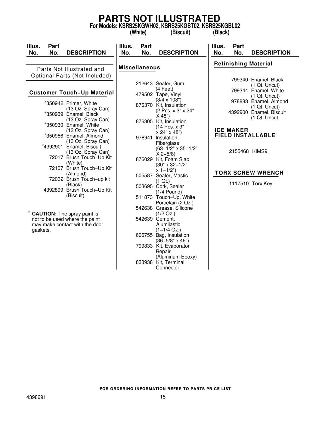 KitchenAid KSRS25KGBL02, KSRS25KGBT02, KSRS25KGWH02 manual Parts not Illustrated, Customer Touch−Up Material 