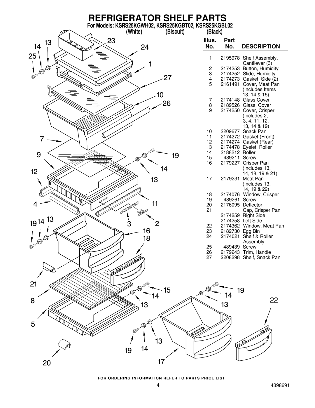 KitchenAid KSRS25KGBT02, KSRS25KGBL02, KSRS25KGWH02 manual Refrigerator Shelf Parts 