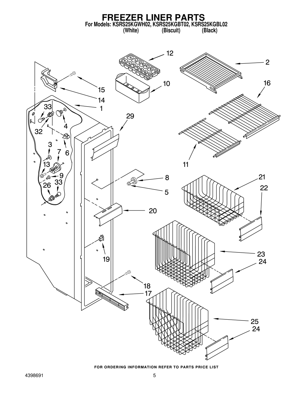 KitchenAid KSRS25KGWH02, KSRS25KGBL02, KSRS25KGBT02 manual Freezer Liner Parts 