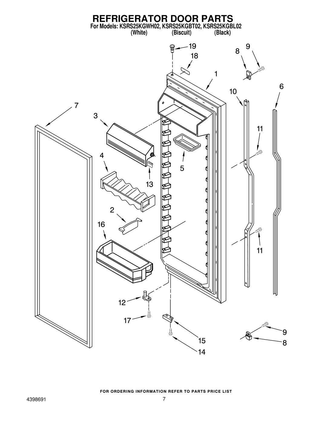 KitchenAid KSRS25KGBT02, KSRS25KGBL02, KSRS25KGWH02 manual Refrigerator Door Parts 