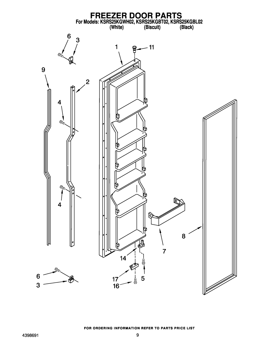 KitchenAid manual Freezer Door Parts, For Models KSRS25KGWH02, KSRS25KGBT02, KSRS25KGBL02, White Biscuit Black 