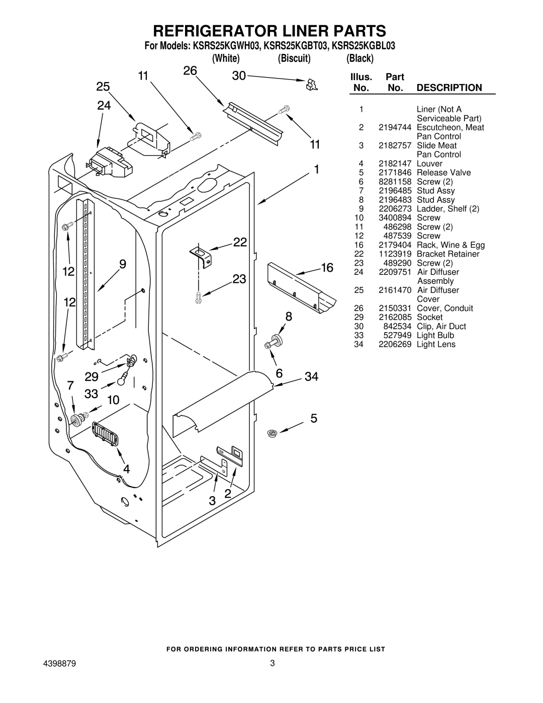 KitchenAid KSRS25KGBL03, KSRS25KGWH03, KSRS25KGBT03 manual Refrigerator Liner Parts 