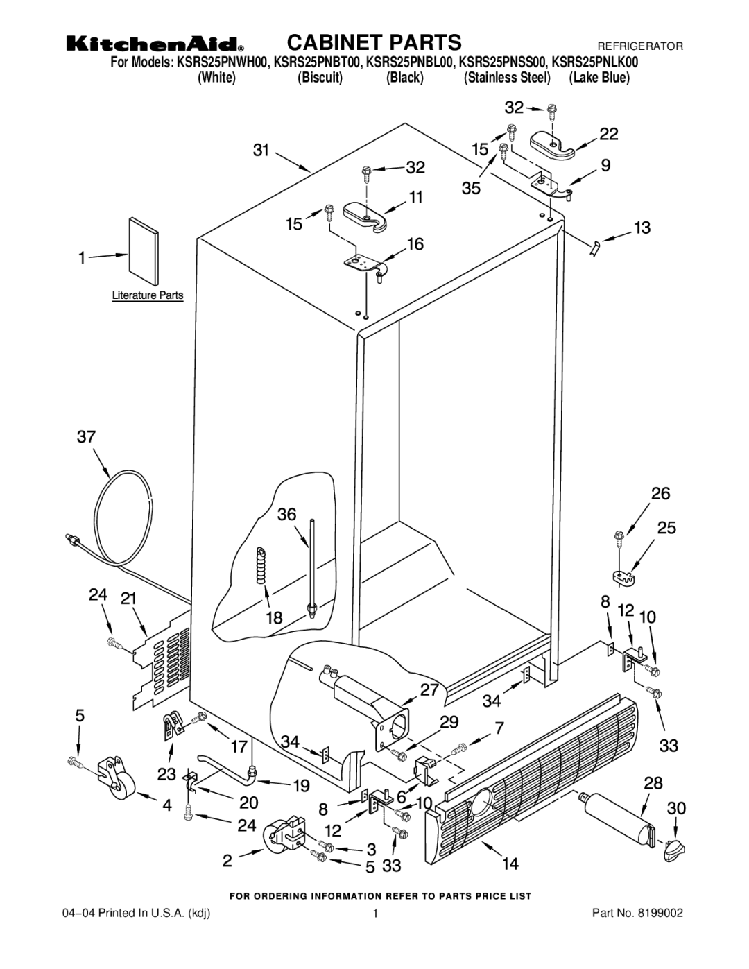 KitchenAid KSRS25PNLK00, KSRS25PNSS00, KSRS25PNWH00, KSRS25PNBL00, KSRS25PNBT00 manual Cabinet Parts 