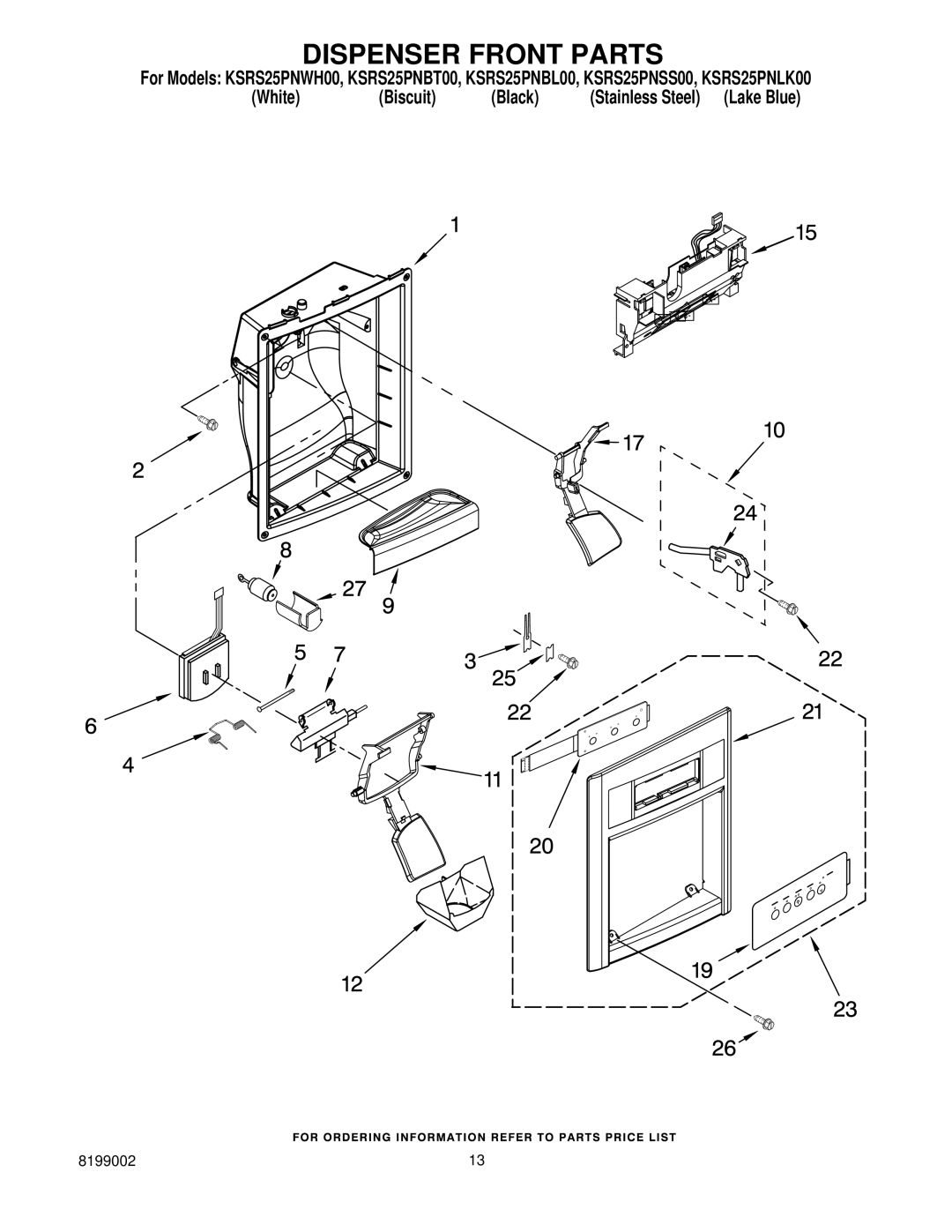 KitchenAid KSRS25PNBL00, KSRS25PNSS00, KSRS25PNLK00, KSRS25PNWH00, KSRS25PNBT00 manual Dispenser Front Parts 