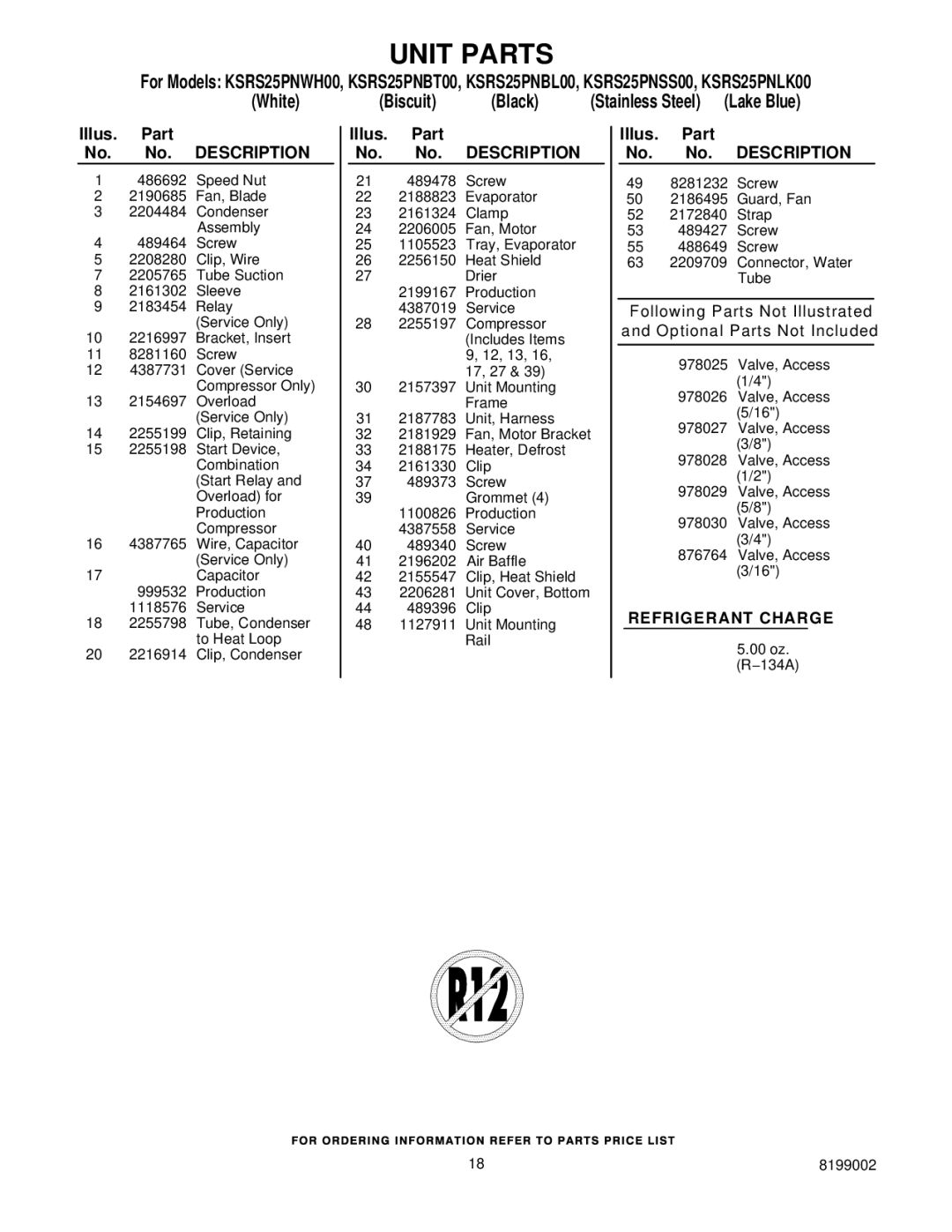 KitchenAid KSRS25PNBL00, KSRS25PNSS00, KSRS25PNLK00, KSRS25PNWH00, KSRS25PNBT00 manual Refrigerant Charge 