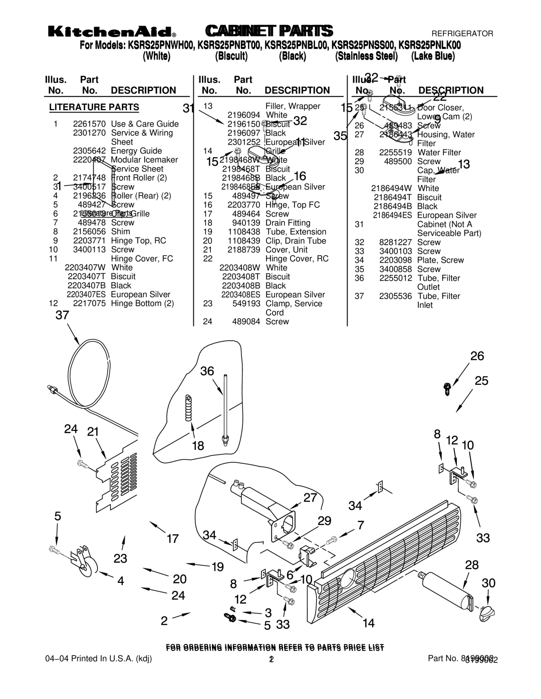 KitchenAid KSRS25PNWH00, KSRS25PNSS00, KSRS25PNLK00, KSRS25PNBL00, KSRS25PNBT00 manual Literature Parts 