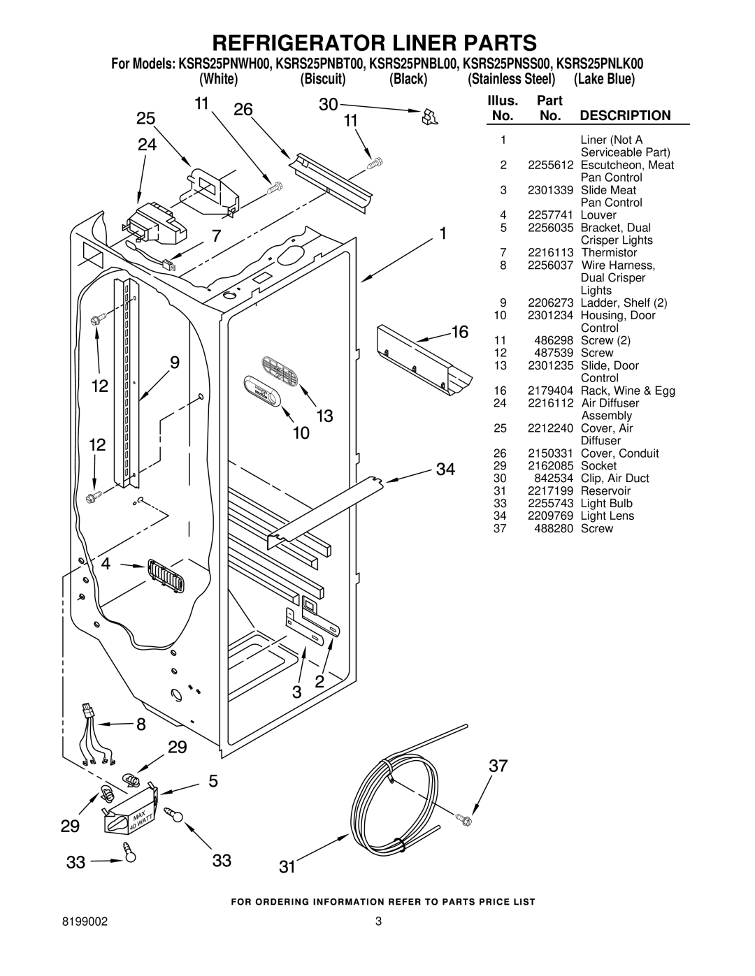 KitchenAid KSRS25PNBL00, KSRS25PNSS00, KSRS25PNLK00, KSRS25PNWH00, KSRS25PNBT00 manual Refrigerator Liner Parts, Lake Blue 