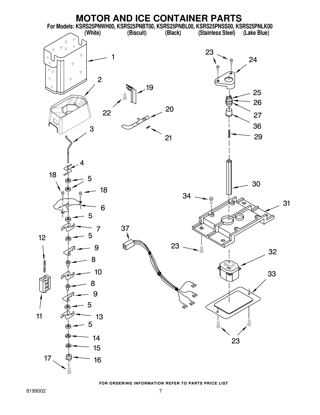 KitchenAid KSRS25PNWH00, KSRS25PNSS00, KSRS25PNLK00, KSRS25PNBL00, KSRS25PNBT00 manual Motor and ICE Container Parts 