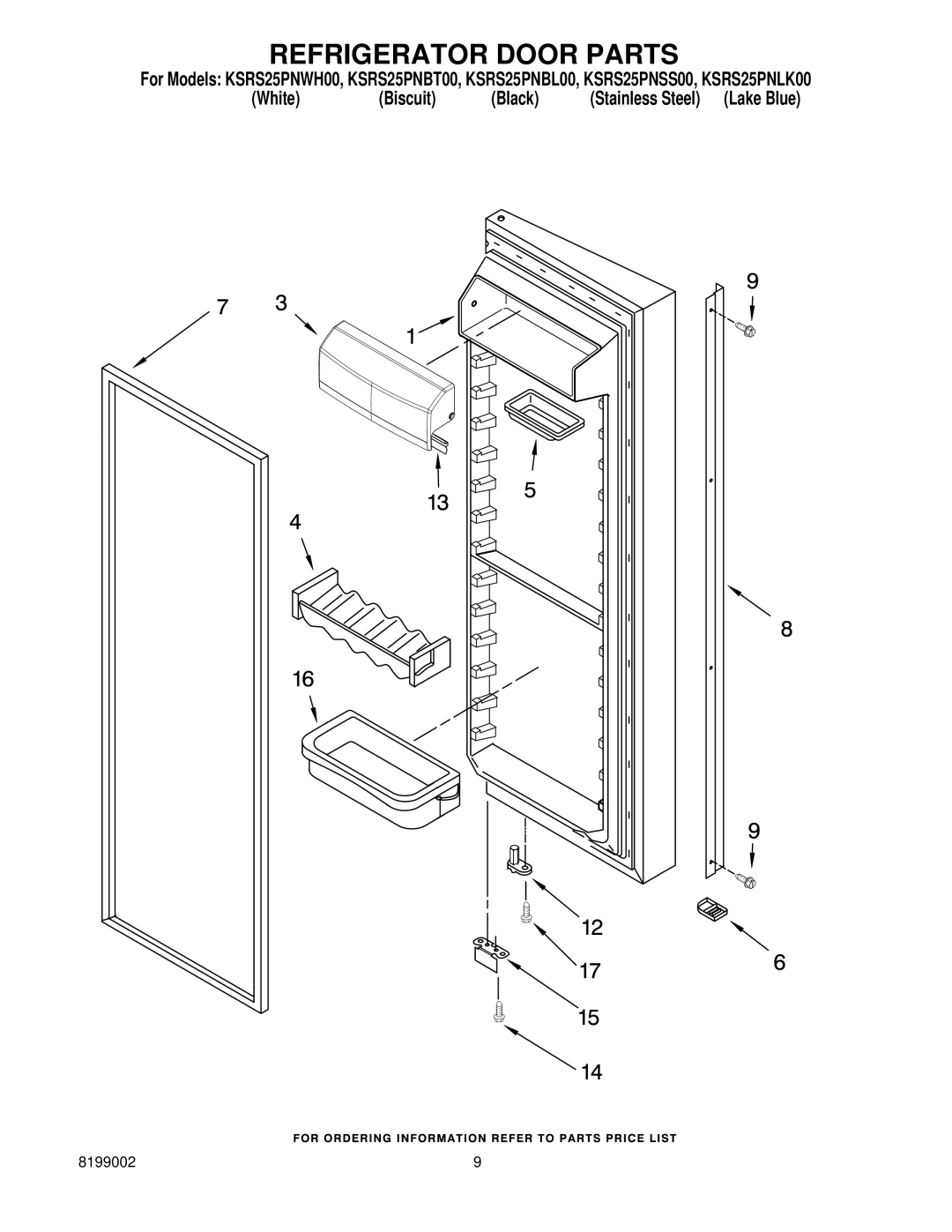 KitchenAid KSRS25PNBT00, KSRS25PNSS00, KSRS25PNLK00, KSRS25PNWH00, KSRS25PNBL00 manual Refrigerator Door Parts 