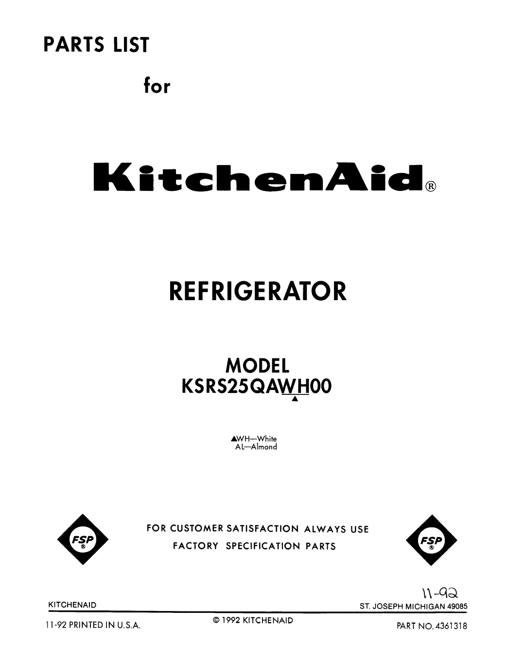 KitchenAid KSRS25QAWH00 manual 