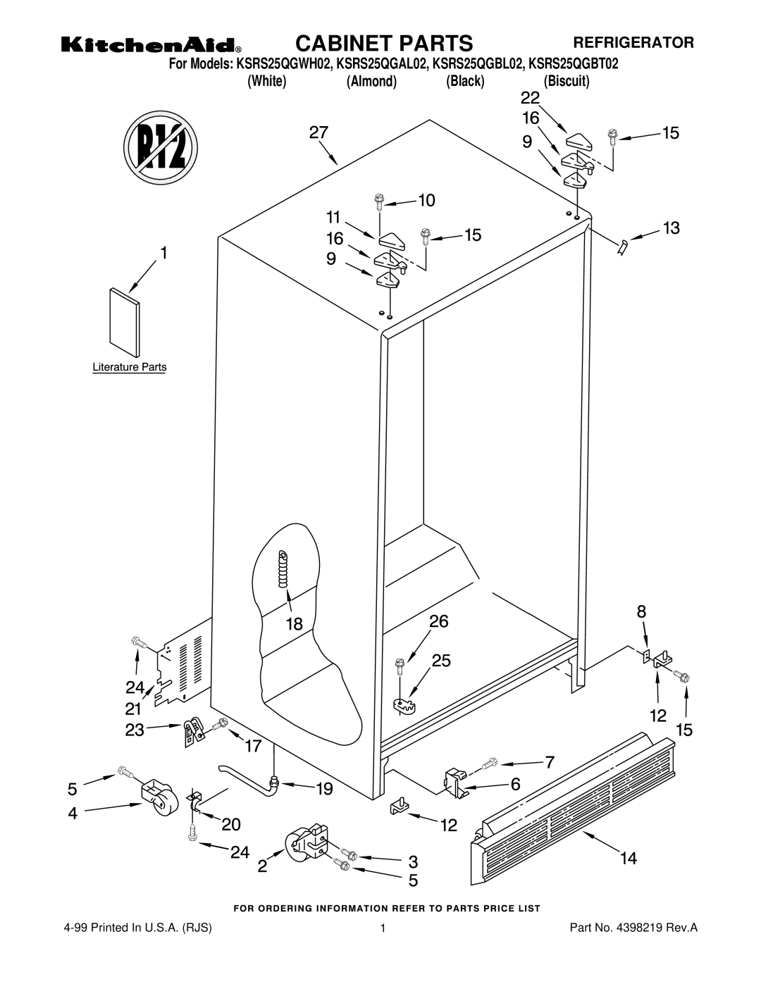 KitchenAid KSRS25QGBT02, KSRS25QGWH02, KSRS25QGBL02, KSRS25QGAL02 manual Cabinet Parts, Refrigerator 