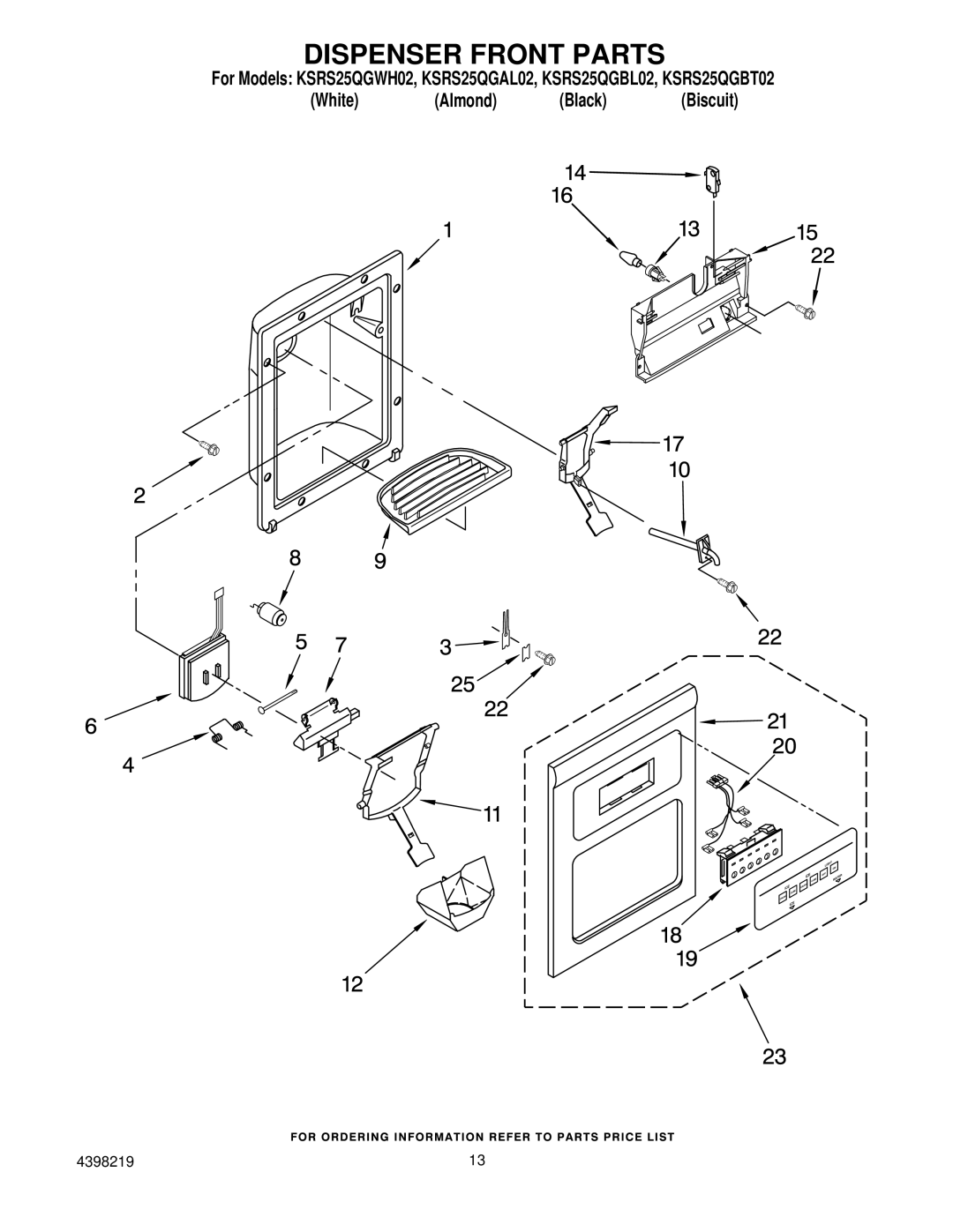 KitchenAid KSRS25QGBT02, KSRS25QGWH02, KSRS25QGBL02, KSRS25QGAL02 manual Dispenser Front Parts 