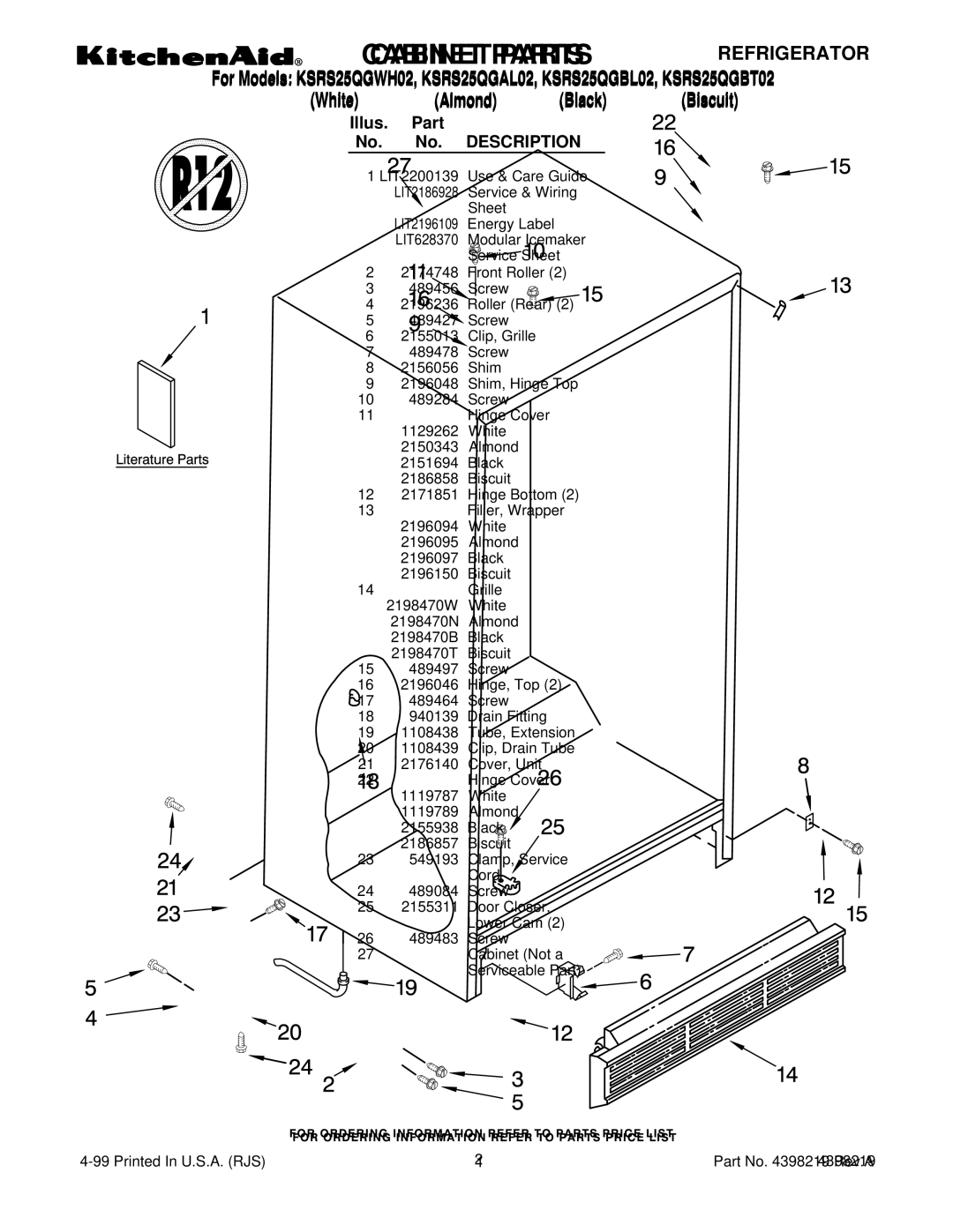 KitchenAid KSRS25QGBL02, KSRS25QGWH02, KSRS25QGBT02, KSRS25QGAL02 manual Illus Part No. Description 