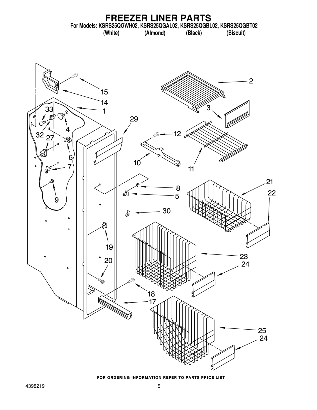 KitchenAid KSRS25QGBT02, KSRS25QGWH02, KSRS25QGBL02, KSRS25QGAL02 manual Freezer Liner Parts 