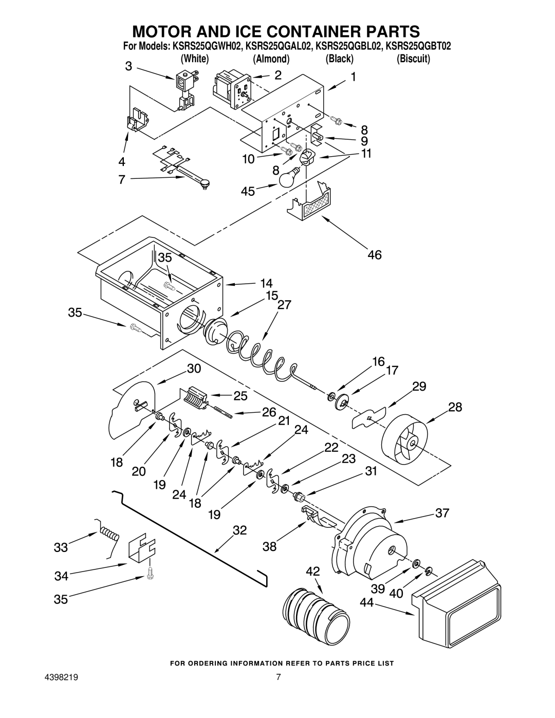 KitchenAid KSRS25QGAL02, KSRS25QGWH02, KSRS25QGBT02, KSRS25QGBL02 manual Motor and ICE Container Parts 