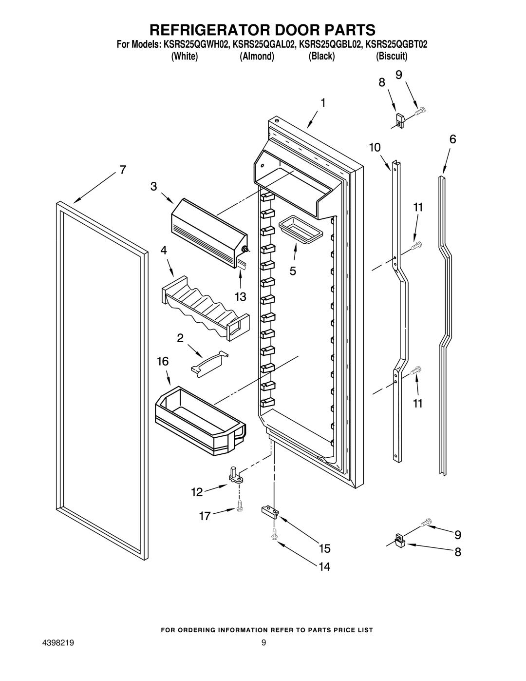 KitchenAid KSRS25QGBT02, KSRS25QGWH02, KSRS25QGBL02, KSRS25QGAL02 manual Refrigerator Door Parts 