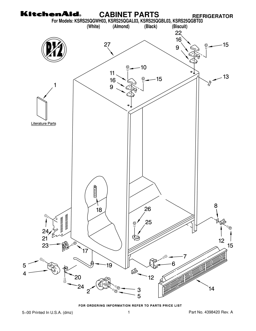 KitchenAid KSRS25QGBT03, KSRS25QGWH03, KSRS25QGAL03, KSRS25QGBL03 manual Cabinet Parts, Refrigerator 