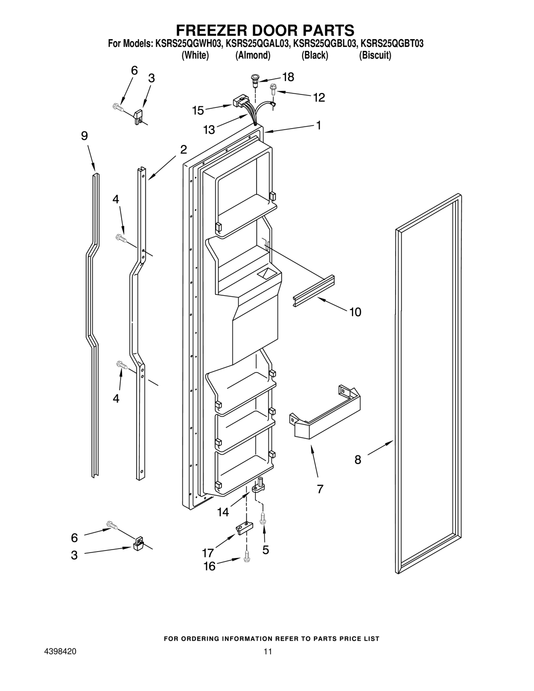 KitchenAid KSRS25QGBL03, KSRS25QGWH03, KSRS25QGBT03, KSRS25QGAL03 manual Freezer Door Parts 