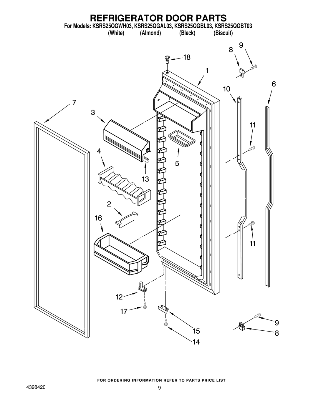 KitchenAid KSRS25QGBT03, KSRS25QGWH03, KSRS25QGAL03, KSRS25QGBL03 manual Refrigerator Door Parts 