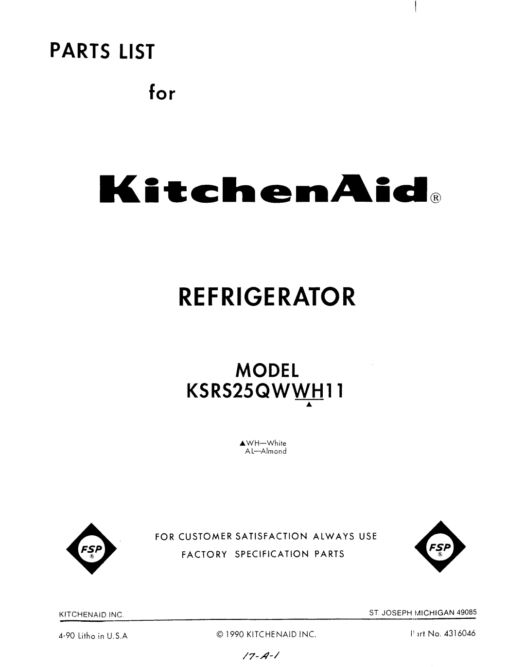 KitchenAid KSRS25QWH11 manual 