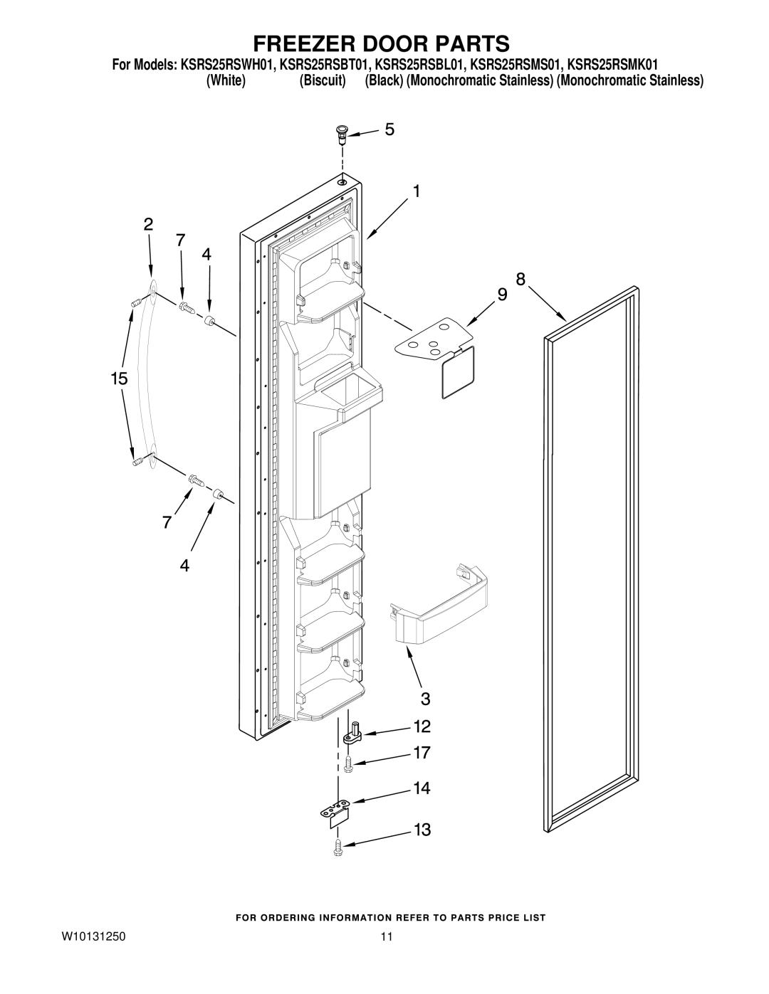 KitchenAid KSRS25RSWH01, KSRS25RSBL01, KSRS25RSBT01, KSRS25RSMS01, KSRS25RSMK01 manual Freezer Door Parts 